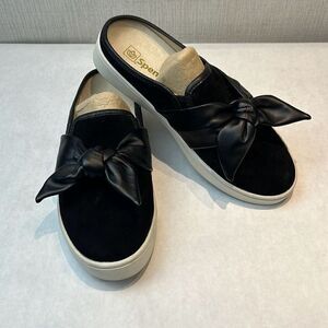 Spenco Barbados Mules Shoes Slip Ons Black Sz 7D Suede Leather Bow Orthotic